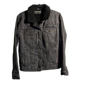 Topshop Moto Gray Black Denim Jacket Sherpa Lined Collar‎ Womens 6 Grunge 90s